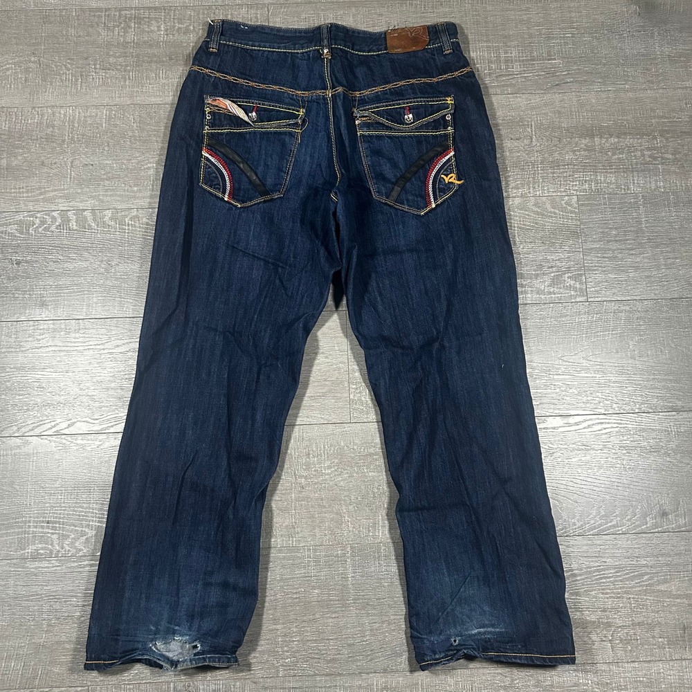 Rocawear Baggy Denim Jeans‎ Mens 38 Dark Wash Embroidered Y2K Hip Hop Distressed